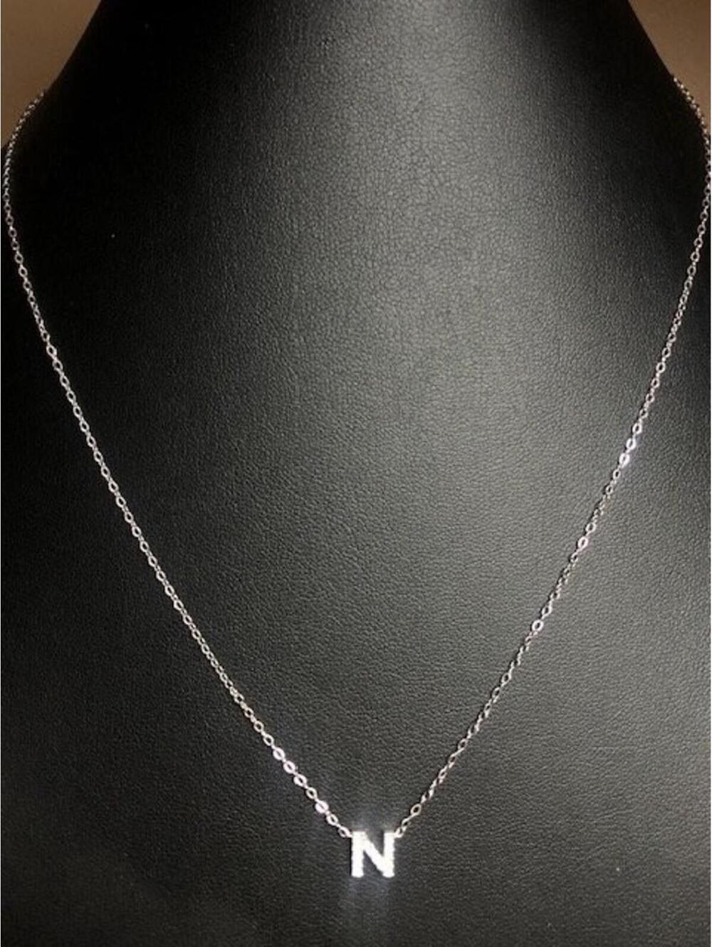 B4464  NADRI Dainty Initial N Letter Necklace Pave Rhinestone Silver Tone 18"